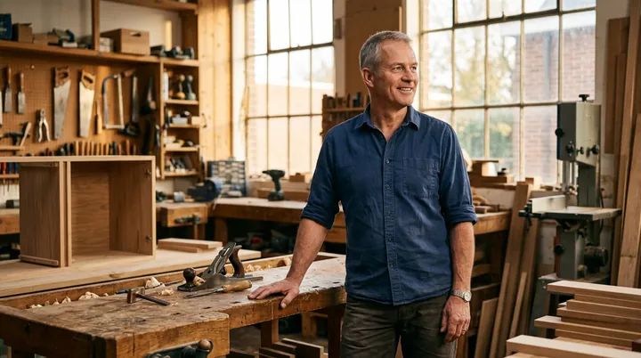 Een meubelmaker staat in zijn eigen houtwerkplaats tussen het gereedschap