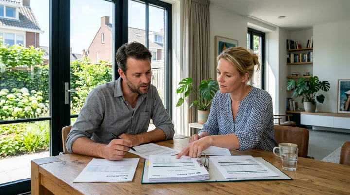 Een man en een vrouw bekijken samen papieren aan de eettafel bij de tuindeuren