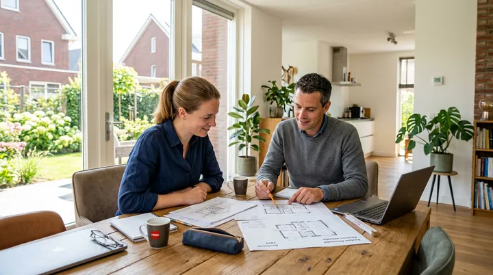 Een stel bespreekt bouwtekeningen aan de keukentafel