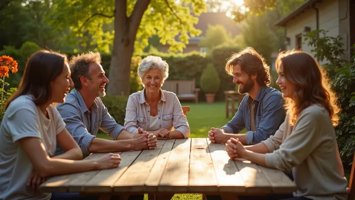 Drie generaties van een familie praten met elkaar aan een tuintafel