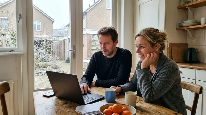 Een stel zit aan de keukentafel achter een laptop, met koffie en mandarijnen