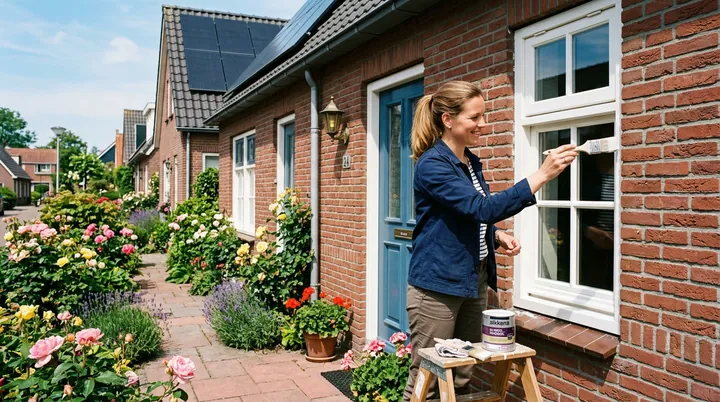 Een vrouw schildert het raamkozijn van haar rijtjeshuis