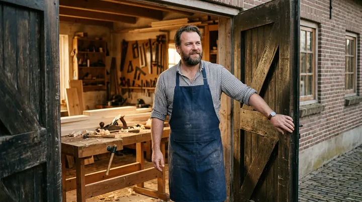 Een meubelmaker opent ’s ochtends de deuren van zijn werkplaats