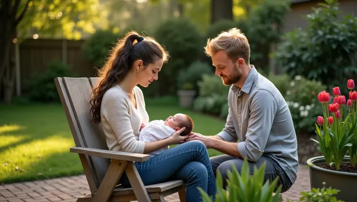 Jonge ouders in de tuin, de moeder met een baby op schoot