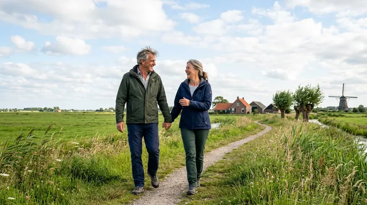 Een ouder echtpaar wandelt hand in hand over een polderpad met een molen in de verte