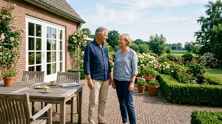 Een ouder echtpaar staat samen op het terras van hun huis tussen de bloemen