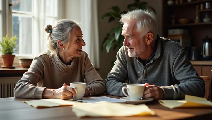 Een ouder echtpaar zit met koffie aan de keukentafel met papieren voor zich