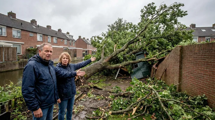 Een man en een vrouw bekijken een omgewaaide boom in hun achtertuin na een storm